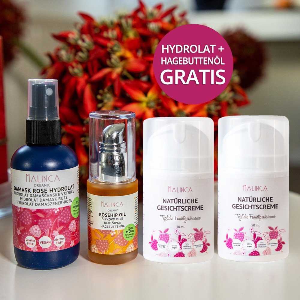 Natürliche Gesichtscreme + Hagebuttenöl + Hydrolat GRATIS