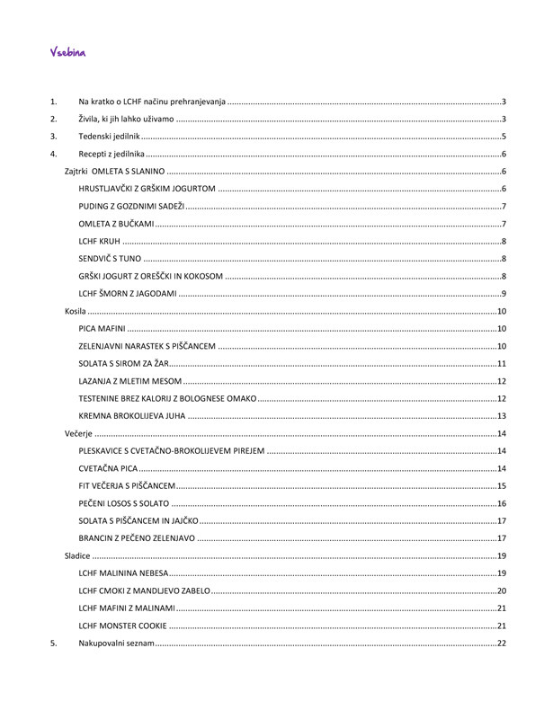 LCHF priročnik, kazalo